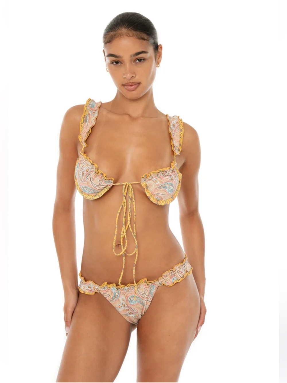 Ami Paisley Ruffle Tie-Front Bikini Top in Yellow Pasley, Size S